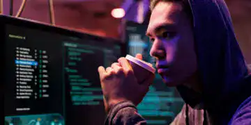 Asian hacker drinking coffee and breaking into database using spyware. Criminal sipping beverage and using malicious software while looking at computer screen in hideout at night