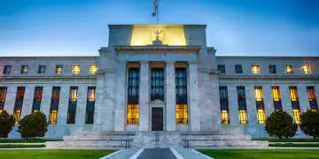 The Federal Reserve Building in downtown Washington DC, USA at night.  HDR image.