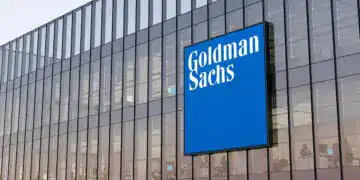 New York, NY, USA. May 2, 2022. Editorial Use Only, 3D CGI. Goldman Sachs Signage Logo on Top of Glass Building. Workplace of Investment Banking Company Office Headquarters.