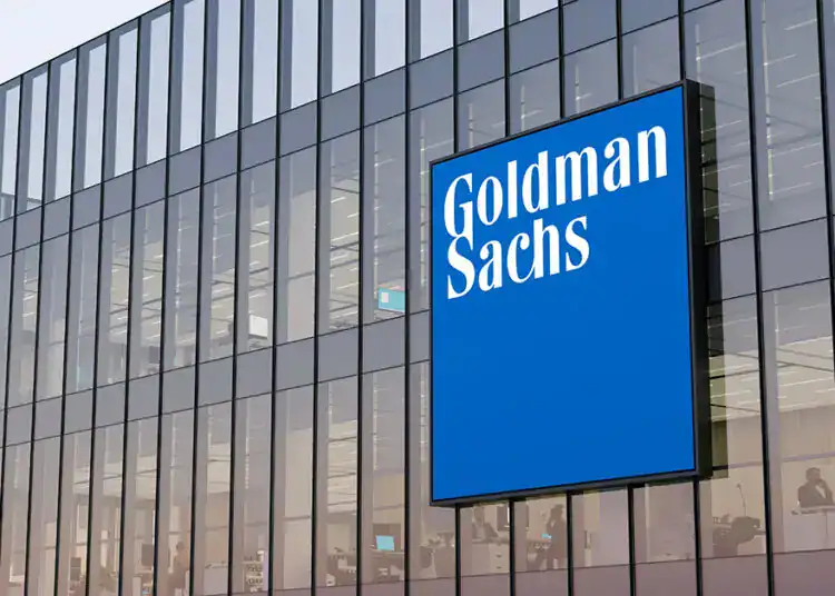 New York, NY, USA. May 2, 2022. Editorial Use Only, 3D CGI. Goldman Sachs Signage Logo on Top of Glass Building. Workplace of Investment Banking Company Office Headquarters.