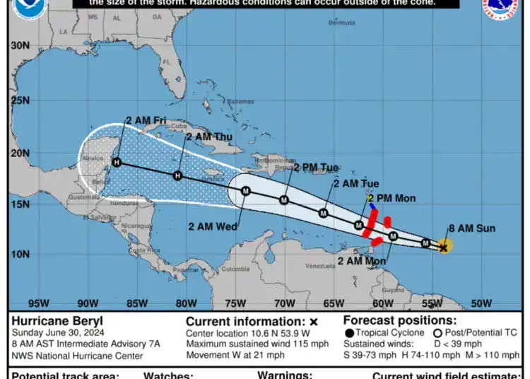 Trayectoria Huracán Beryl (Fuente: Hurricane Tracker)