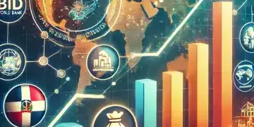 A conceptual image showing an upward financial graph symbolizing economic growth, with icons of international financial institutions like the World Ba