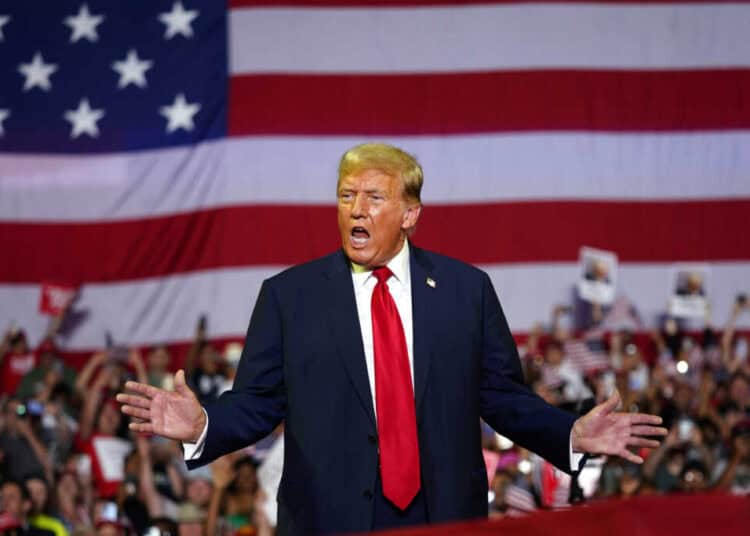 Republican presidential candidate former President Donald Trump speaks at a campaign rally, Saturday, June 22, 2024, at Temple University in Philadelphia. (AP Photo/Chris Szagola)