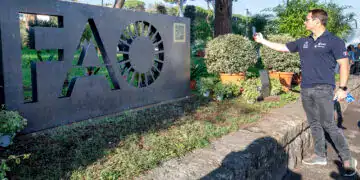 14 October 2022, Rome, Italy - ESA astronaut and FAO GWA Thomas Pesquet cheking the QR code on the new Selfie point. Inauguration of the FAO Selfie Point. World Food Day. FAO Headquarters.Photo credit must be given: &copy;FAO/Giulio Napolitano. Editorial use only. Copyright &copy;FAO.
