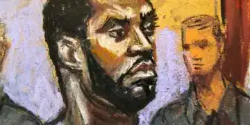 El dibujo de la presencia de Sean "Diddy" Combs frente a la jueza Robyn Tarnofsky cuando los fiscales le presentaron tres cargos criminales. Foto: Reuters