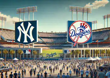 magen con el estadio de Los Dodgers, el símbolo de los yankees, el símbolo de los dodgers y fanáticos caminando al estadio (Generado con IA)