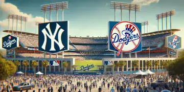 magen con el estadio de Los Dodgers, el símbolo de los yankees, el símbolo de los dodgers y fanáticos caminando al estadio (Generado con IA)