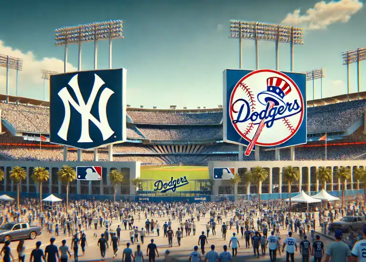 magen con el estadio de Los Dodgers, el símbolo de los yankees, el símbolo de los dodgers y fanáticos caminando al estadio (Generado con IA)