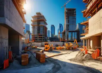 Construcción de edificios con dia soleado y muchos edificios