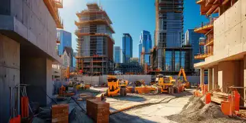 Construcción de edificios con dia soleado y muchos edificios