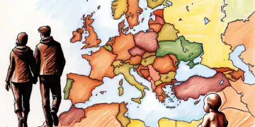 Imagen de padres dejando a un hijo en Europa (Recreación hecha con IA de Diario Financiero RD)