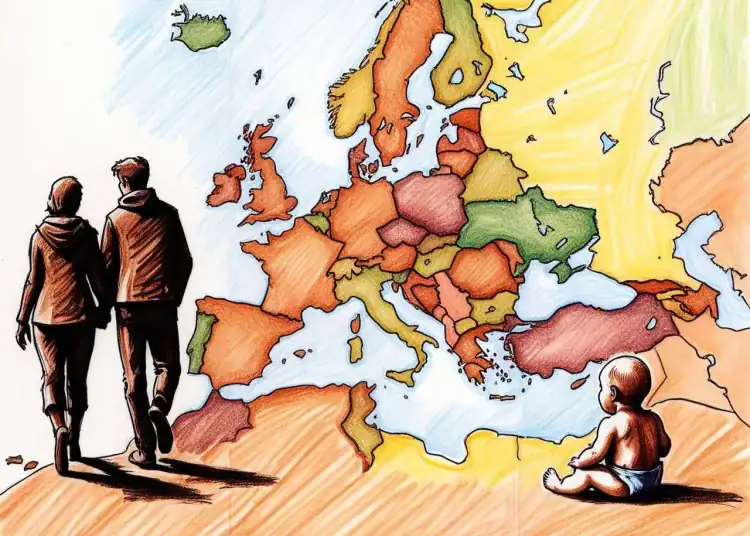 Imagen de padres dejando a un hijo en Europa (Recreación hecha con IA de Diario Financiero RD)