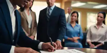 Una persona latina firmando un préstamo bancario y personas esperándo en una sala de espera del banco (Creado con IA de Diario Financiero RD)