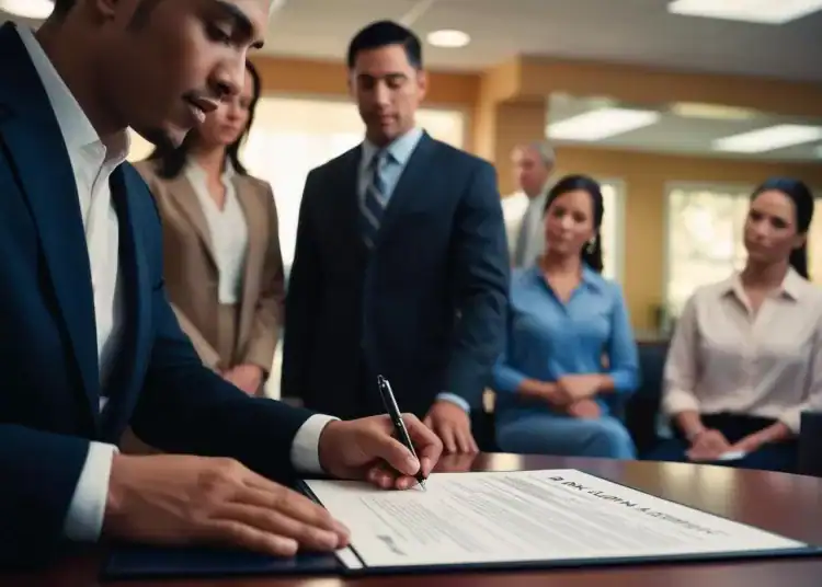 Una persona latina firmando un préstamo bancario y personas esperándo en una sala de espera del banco (Creado con IA de Diario Financiero RD)