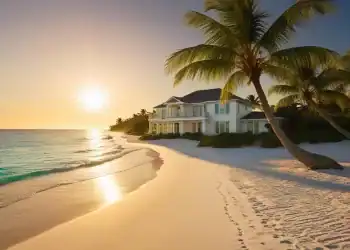 Casa frente a la playa con arena blanca, el mar, palmeras, el sol saliendo