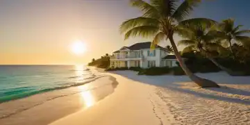 Casa frente a la playa con arena blanca, el mar, palmeras, el sol saliendo