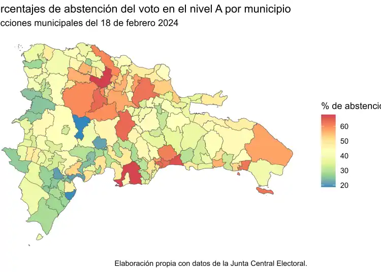 Mapa de abstención electoral elaborado por INTEC y la JCE, vía DIARIO FINANCIERO