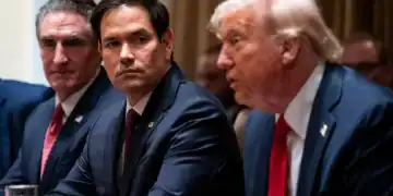 Doug Burgum, US secretary of the interior, from left, Marco Rubio, US secretary of state, and US President Donald Trump during a cabinet meeting at the White House in Washington, DC, US, on Wednesday, Feb. 26, 2025. Elon Musk's demand that more than two million federal employees defend their work is facing pushback from other powerful figures in the Trump administration, in a sign that the billionaire's brash approach to overhauling the government is creating division. Photographer: Al Drago/Bloomberg via Getty Images