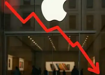 Fotomontaje de una grafica hacia abajo y una tienda de apple, generado con inteligencia artificial, vía DIARIO FINANCIERO