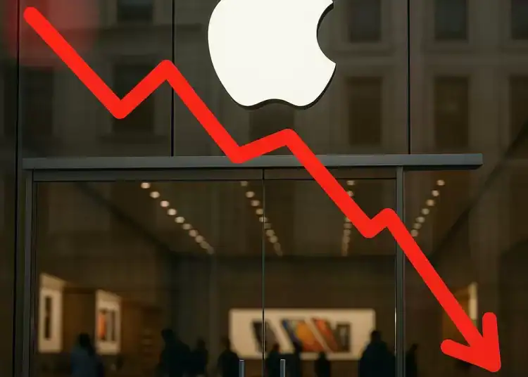 Fotomontaje de una grafica hacia abajo y una tienda de apple, generado con inteligencia artificial, vía DIARIO FINANCIERO