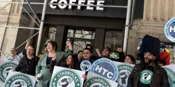 NEW YORK, NEW YORK - FEBRUARY 28: Starbucks union members and their supporters, including baristas who have just walked off the job, effectively closing a local branch, picket in front of the store, February 28, 2025 in New York City. (Photo by Andrew Lichtenstein/Corbis via Getty Images)