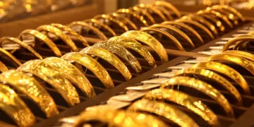 A photo taken on March 14, 2025, shows gold ornaments at a gold shop in the Lianyun district of Lianyungang, China, on March 14, 2025. (Photo by Costfoto/NurPhoto via Getty Images)