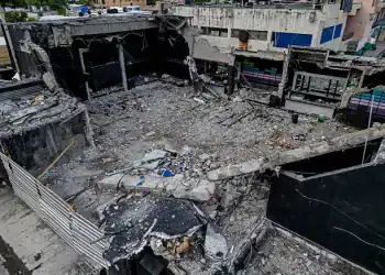 This aerial view shows the cleaned area of the roof collapse at the Jet Set nightclub in Santo Domingo on April 11, 2025. Grief-stricken Dominicans began holding funerals for loved ones who were among at least 220 people killed in a nightclub rooftop collapse, even as dozens remained unaccounted for. (Photo by MARTIN BERNETTI / AFP) (Photo by MARTIN BERNETTI/AFP via Getty Images)