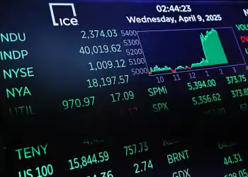 NEW YORK, NEW YORK - APRIL 09: Stock market numbers are displayed at the New York Stock Exchange during afternoon trading on April 09, 2025 in New York City. The three major indexes closed high after an upswing for biggest rally in 5 years caused after U.S. President Donald Trump announced a pause in some of the ‘reciprocal’ tariffs with the exception of China whose tariffs will be increased to 125% from 104% after China announced additional retaliatory tariffs. 10% universal tariff on all imports coming into the United States remain in effect.  (Photo by Michael M. Santiago/Getty Images)