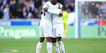 VITORIA GASTEIZ, SPAIN - APRIL 13: (L-R) Aurelien Tchouameni of Real Madrid, Eduardo Camavinga of Real Madrid celebrating the victory after the match  during the LaLiga EA Sports  match between Deportivo Alaves v Real Madrid at the Estadio de Mendizorroza on April 13, 2025 in Vitoria Gasteiz Spain (Photo by Cesar Ortiz Gonzalez/Soccrates/Getty Images)