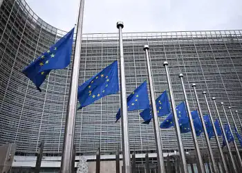 BRUSSELS, BELGIUM - APRIL 21: European flags lowered to half-mast in front of the EU Commission following the death of Pope Francis, the spiritual leader of the Catholic world in Brussels, Belgium on April 21, 2025. (Photo by Dursun Aydemir/Anadolu via Getty Images)