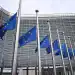 BRUSSELS, BELGIUM - APRIL 21: European flags lowered to half-mast in front of the EU Commission following the death of Pope Francis, the spiritual leader of the Catholic world in Brussels, Belgium on April 21, 2025. (Photo by Dursun Aydemir/Anadolu via Getty Images)