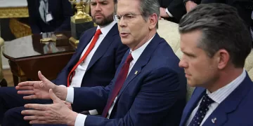 WASHINGTON, DC - APRIL 17: U.S. Treasury Secretary Scott Bessent speaks on a pending minerals agreement with Ukraine as he, Vice President JD Vance (L) and and Defense Secretary Pete Hegseth (R) join U.S. President Donald Trump and Italian Prime Minister Giorgia Meloni in the Oval Office at the White House on April 17, 2025 in Washington, DC. Leader of the far-right Brothers of Italy party, Meloni is in Washington to discuss a range of bilateral issues, negotiate the 20 percent “reciprocal” tariff Trump imposed on European imports to the U.S. and to discuss pharmaceutical imports. (Photo by Win McNamee/Getty Images)