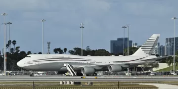 In this February 15, 2025 a Qatari Boeing 747 sits on the tarmac of Palm Beach International airport after US President Donald Trump toured the aircraft on February 15, 2025. Donald Trump plans to accept a luxury Boeing jet from the Qatari royal family for use as Air Force One and then continue flying in it after his tenure, despite strict rules on US presidential gifts, media reported May 11, 2025. Calling the plane a "flying palace," ABC News, which first reported the story, said the Boeing 747-8 jumbo jet would possibly be the most expensive gift ever received by the American government. (Photo by ROBERTO SCHMIDT / AFP)