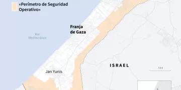 Mapa de la Franja de Gaza mostrando las zonas controladas por el ejército israelí el 16 y 19 de mayo de 2025 (Photo by Omar KAMAL and Valentin RAKOVSKY / AFP)