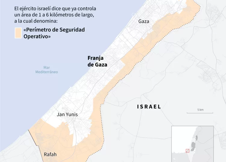 Mapa de la Franja de Gaza mostrando las zonas controladas por el ejército israelí el 16 y 19 de mayo de 2025 (Photo by Omar KAMAL and Valentin RAKOVSKY / AFP)