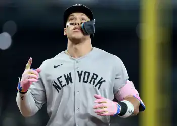 SEATTLE, WASHINGTON - MAY 14: Aaron Judge #99 of the New York Yankees reacts after his solo home run during the eighth inning against the Seattle Mariners at T-Mobile Park on May 14, 2025 in Seattle, Washington.   Steph Chambers/Getty Images/AFP (Photo by Steph Chambers / GETTY IMAGES NORTH AMERICA / Getty Images via AFP)
