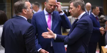 (LtoR) German Defence Minister Boris Pistorius speaks with Belgian Defence minister Theo Francken and Hanno Pevkur ahead of a Defence Council meeting at the EU headquarters in Brussels n May 20, 2024. (Photo by JOHN THYS / AFP)