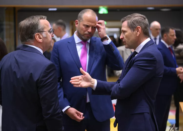 (LtoR) German Defence Minister Boris Pistorius speaks with Belgian Defence minister Theo Francken and Hanno Pevkur ahead of a Defence Council meeting at the EU headquarters in Brussels n May 20, 2024. (Photo by JOHN THYS / AFP)