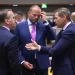 (LtoR) German Defence Minister Boris Pistorius speaks with Belgian Defence minister Theo Francken and Hanno Pevkur ahead of a Defence Council meeting at the EU headquarters in Brussels n May 20, 2024. (Photo by JOHN THYS / AFP)