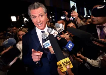 PHILADELPHIA, PENNSYLVANIA - SEPTEMBER 10: California Governor Gavin Newsom talks to journalists in the media center at the Pennsylvania Convention Center before the first presidential debate between Republican presidential nominee, former President Donald Trump and Democratic presidential nominee, U.S. Vice President Kamala Harris on September 10, 2024 in Philadelphia, Pennsylvania. After earning the Democratic Party nomination following President Joe Biden's decision to leave the race, Harris is facing off with Trump in what may be their only debate of the 2024 campaign for the White House.  (Photo by Chip Somodevilla/Getty Images)