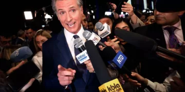PHILADELPHIA, PENNSYLVANIA - SEPTEMBER 10: California Governor Gavin Newsom talks to journalists in the media center at the Pennsylvania Convention Center before the first presidential debate between Republican presidential nominee, former President Donald Trump and Democratic presidential nominee, U.S. Vice President Kamala Harris on September 10, 2024 in Philadelphia, Pennsylvania. After earning the Democratic Party nomination following President Joe Biden's decision to leave the race, Harris is facing off with Trump in what may be their only debate of the 2024 campaign for the White House.  (Photo by Chip Somodevilla/Getty Images)