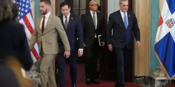 US Secretary of State Marco Rubio (2-L) enters with Dominican Republic President Luis Abinader (R) to give a joint news conference at the National Palace in Santo Domingo, on February 6, 2025. (Photo by Mark Schiefelbein / POOL / AFP) (Photo by MARK SCHIEFELBEIN/POOL/AFP via Getty Images)