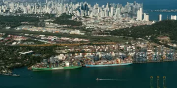 The skyline of Panama City behind the Port of Balboa at the Pacific entrance of the Panama Canal in Panama City, Panama, on Tuesday, Feb. 25, 2025. Panama is considering canceling its contract with Hutchison Ports PPC, a Hong Kong-based company that operates ports near the Panama Canal, to defuse President Donald Trump's threats about countering China's influence. Photographer: Walter Hurtado/Bloomberg via Getty Images