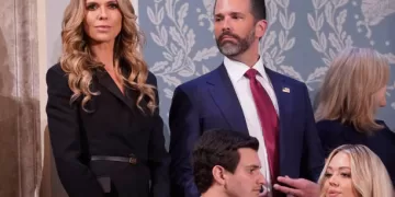 Donald Trump Jr., executive vice president of development and acquisitions for Trump Organization Inc., during during a joint session of Congress in the House Chamber of the US Capitol in Washington, DC, US, on Tuesday, March 4, 2025. Donald Trump's primetime address Tuesday night from Capitol Hill, billed as a chronicle of his "Renewal of the American Dream," comes at a critical juncture early in his second term, as voters who elected him to tackle inflation and improve the economy are beginning to weigh the impact of his agenda. Photographer: Al Drago/Bloomberg via Getty Images