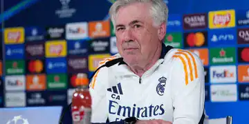 VALDEBEBAS, SPAIN - APRIL 15: Coach Carlo Ancelotti attends a press conference during a training session and press conference ahead of their UEFA Champions League 2024/25 quarter final second leg match at Ciudad Deportiva Real Madrid on April 15, 2025 in Valdebebas, Madrid, Spain. (Photo by Oscar J. Barroso / AFP7 via Getty Images)