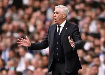 MADRID, SPAIN - MAY 04: Carlo Ancelotti, Head Coach of Real Madrid, reacts during the LaLiga match between Real Madrid CF and RC Celta de Vigo at Estadio Santiago Bernabeu on May 04, 2025 in Madrid, Spain. (Photo by Denis Doyle/Getty Images)