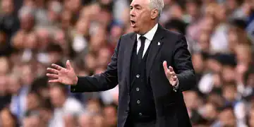 MADRID, SPAIN - MAY 04: Carlo Ancelotti, Head Coach of Real Madrid, reacts during the LaLiga match between Real Madrid CF and RC Celta de Vigo at Estadio Santiago Bernabeu on May 04, 2025 in Madrid, Spain. (Photo by Denis Doyle/Getty Images)