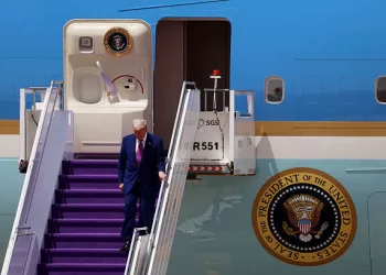 RIYADH, SAUDI ARABIA - MAY 13: U.S. President Donald Trump disembarks from Air Force One as he arrives at King Khalid International Airport on May 13, 2025, in Riyadh, Saudi Arabia. Trump begins a multi-nation tour of the Gulf region focused on expanding economic ties and reinforcing security cooperation with key U.S. allies.  (Photo by Win McNamee/Getty Images)