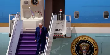 RIYADH, SAUDI ARABIA - MAY 13: U.S. President Donald Trump disembarks from Air Force One as he arrives at King Khalid International Airport on May 13, 2025, in Riyadh, Saudi Arabia. Trump begins a multi-nation tour of the Gulf region focused on expanding economic ties and reinforcing security cooperation with key U.S. allies.  (Photo by Win McNamee/Getty Images)