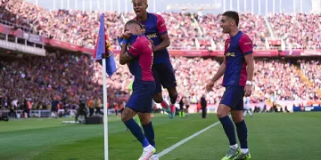 BARCELONA, SPAIN - MAY 11: Raphinha of FC Barcelona celebrates scoring his team's third goal with teammates Ferran Torres and Lamine Yamal during the LaLiga match between FC Barcelona and Real Madrid CF at Estadi Olimpic Lluis Companys on May 11, 2025 in Barcelona, Spain. (Photo by Alex Caparros/Getty Images)